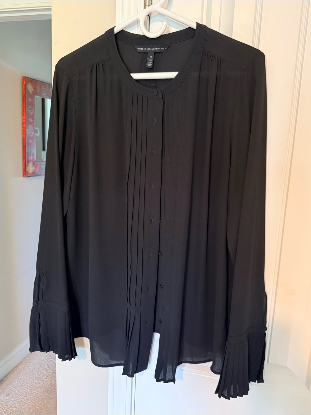 White House Black Market Black Sheer Pleated-Trim Long Sleeve Blouse
